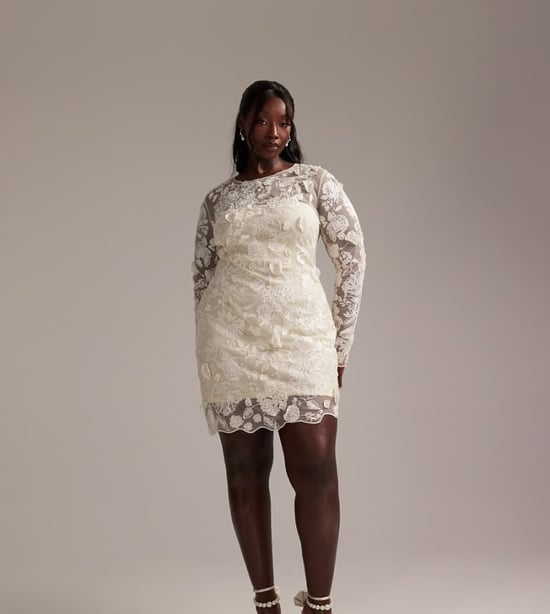 ASOS DESIGN Curve långärmad broderad mini bröllopsklänning i krämfärg - Image 1