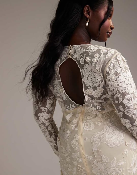 ASOS DESIGN Curve långärmad broderad mini bröllopsklänning i krämfärg - Image 2