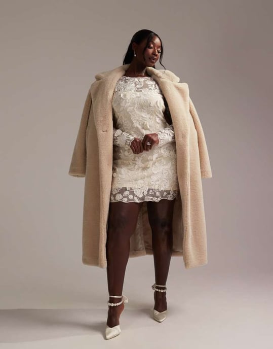 ASOS DESIGN Curve långärmad broderad mini bröllopsklänning i krämfärg - Image 4