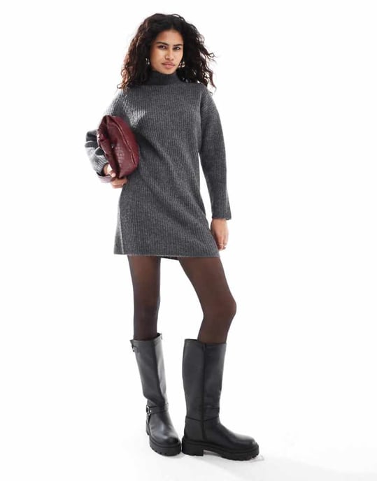 Pimkie high neck knitted mini jumper dress in charcoal - Image 1