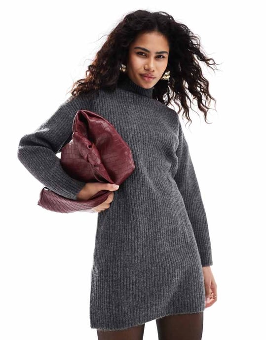 Pimkie high neck knitted mini jumper dress in charcoal - Image 3