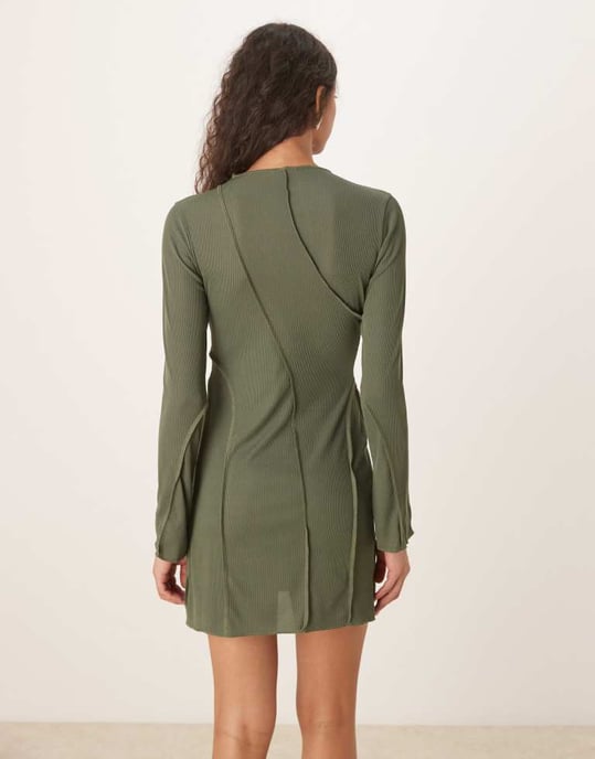 ASOS DESIGN asymmetrisk ribbad miniklänning i grön - Image 3