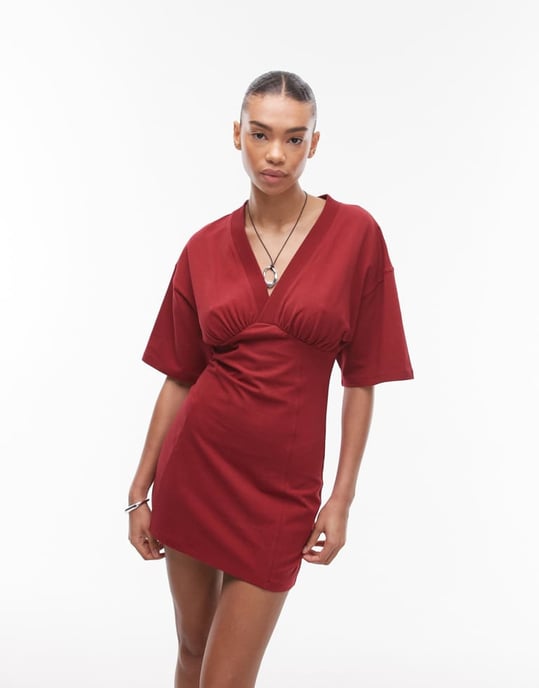 Topshop jersey samlad under mini bustklänning i röd - Image 2