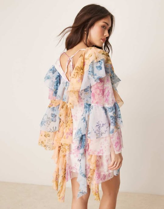 ASOS DESIGN långärmad spliced blandad blommig mönstrad volangsmock mini klänning - Image 3