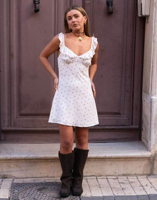 Daisy Street x Molly Mcfarlane ruffle v neck mini dress in white ditsy floral - Image 1