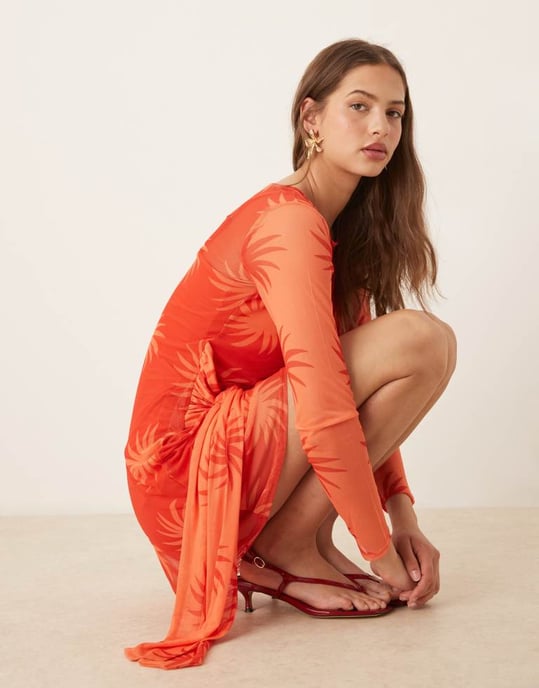 Never Fully Dressed långärmad mesh mini klänning i röd och orange - Image 3