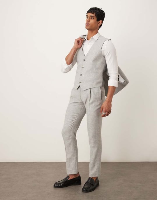 ASOS DESIGN linne-bomullsblandning slim väst i grå hålmönster - Image 2