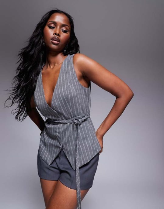 In The Style x Natalya Wright exclusive tailored pinstripe tie waist waistcoat in grey - Image 1