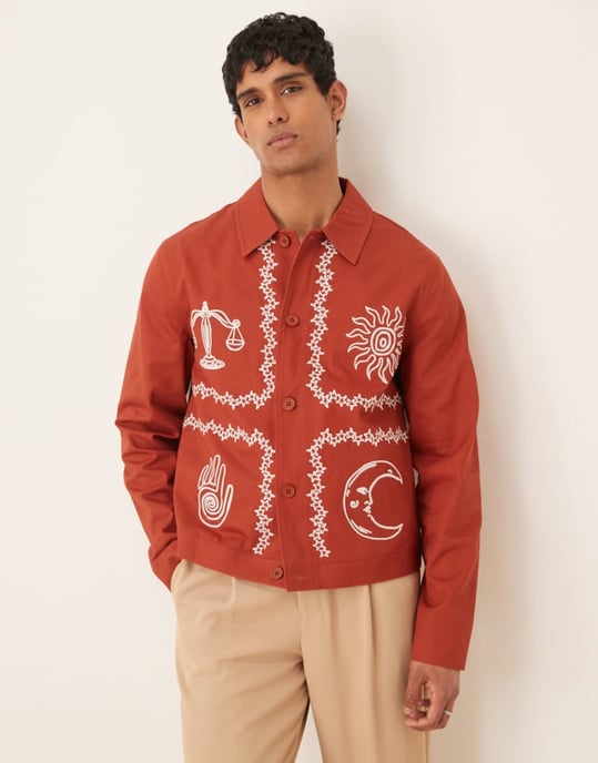 ASOS DESIGN broderad harringtonjacka i rostbrunt - Image 1