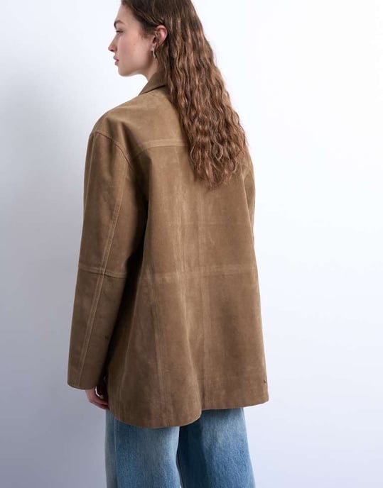 Topshop boxig midilång högslitning av konstläderjacka i brunt - Image 4