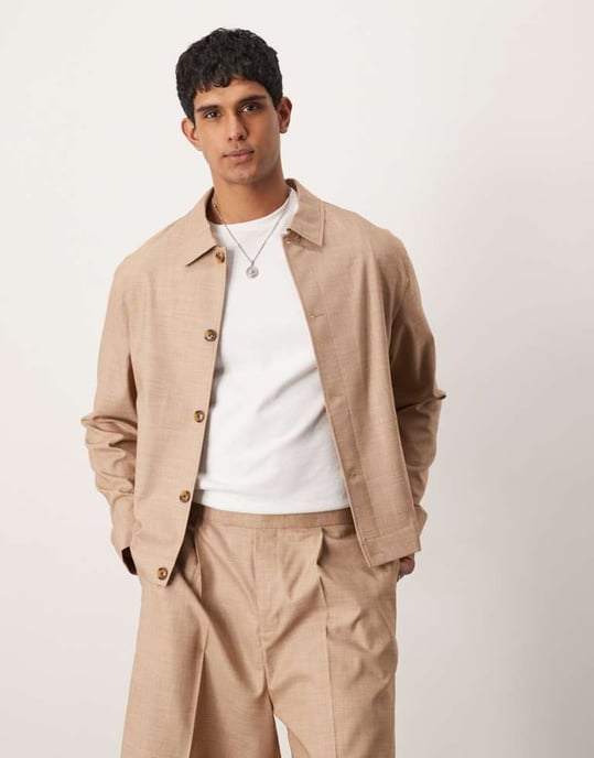 ASOS DESIGN smart co-ord knapp-up harrington jacka i kamel-textur - Image 1