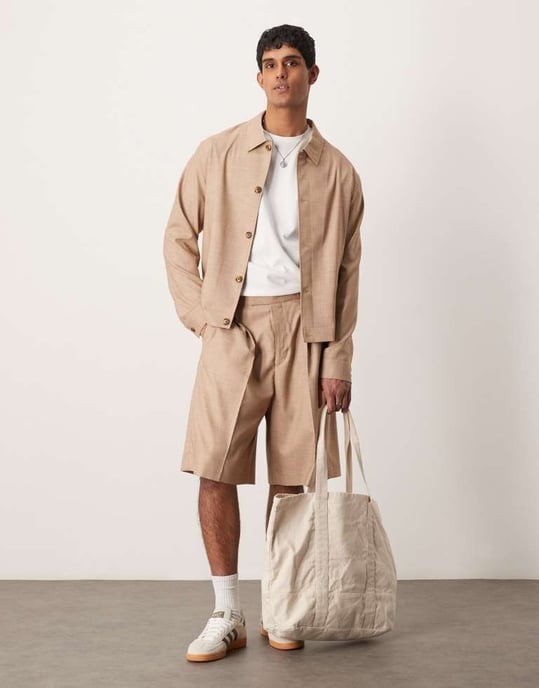 ASOS DESIGN smart co-ord knapp-up harrington jacka i kamel-textur - Image 2
