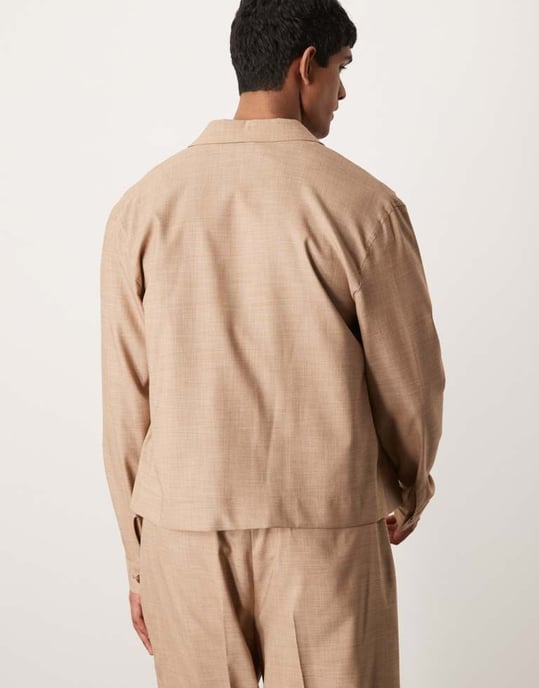 ASOS DESIGN smart co-ord knapp-up harrington jacka i kamel-textur - Image 3