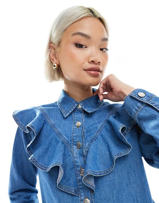 Miss Selfridge chambray västern frill jacka i medelblå tvätt - Image 3
