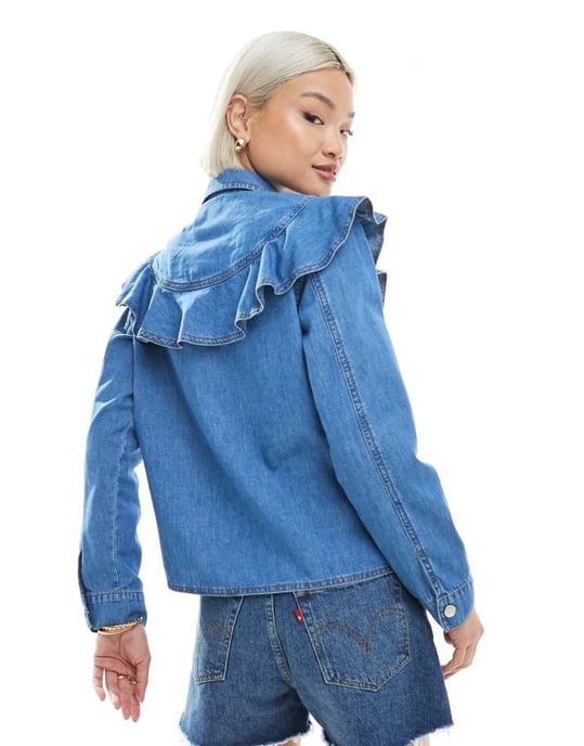 Miss Selfridge chambray västern frill jacka i medelblå tvätt - Image 4