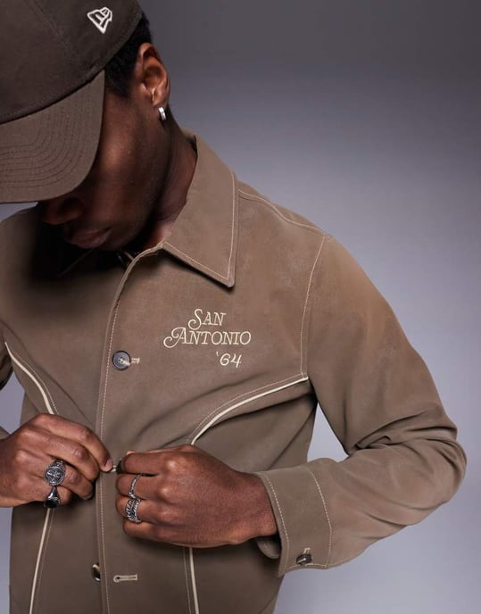 ASOS DESIGN vanlig harrington faux mockakappa med broderi i brunt - Image 2