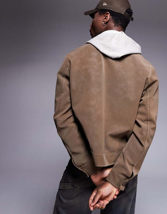 ASOS DESIGN vanlig harrington faux mockakappa med broderi i brunt - Image 4
