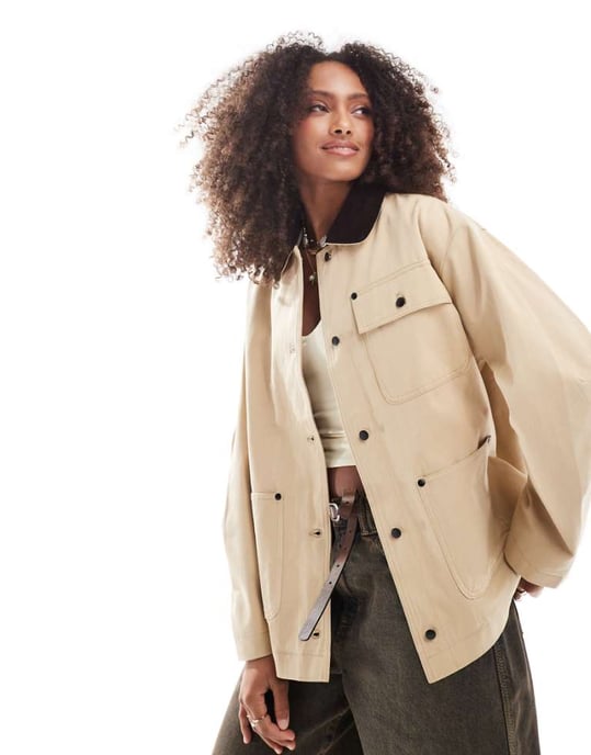 ASOS DESIGN ren kordkrage barnjacka i sten - Image 1