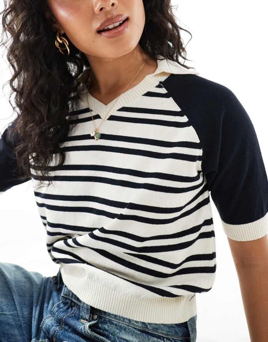 ASOS DESIGN kompakt stickad fotbollspolo topp i marinrandig - Image 4