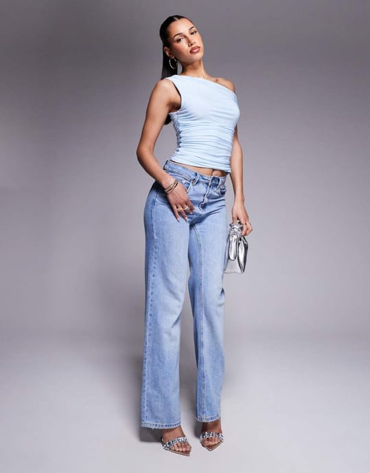 Missyempire exklusiv dubbellagerad slinky off shoulder-top i babyblå - Image 2