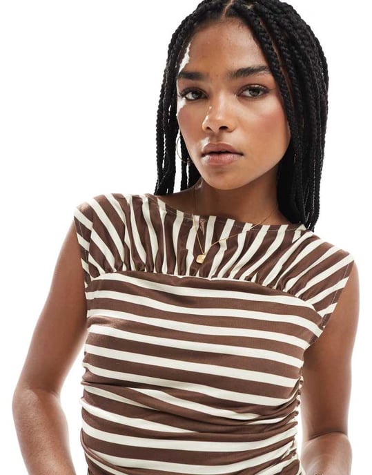 ASOS DESIGN randig cut about rynkad topp med snörning i smörmjölk - Image 2