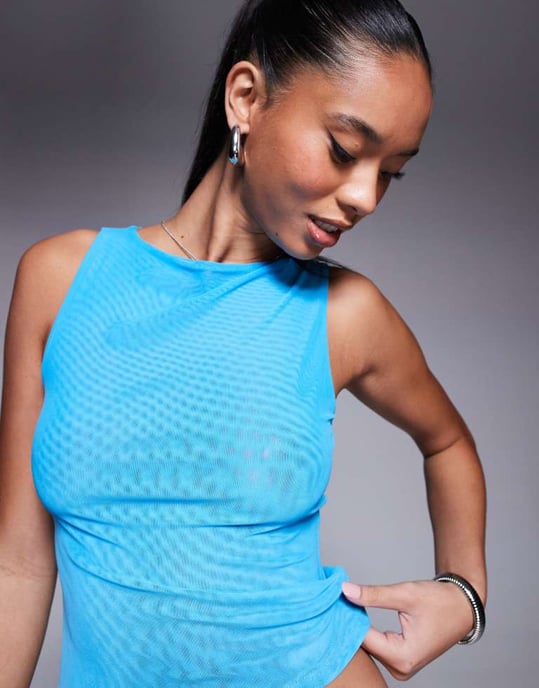 ASOS DESIGN båturring dubbel lager mesh topp i blå - Image 3