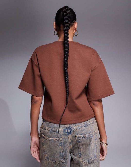 ASOS DESIGN interlock boxy skjorta med knäppning i brunt - Image 3