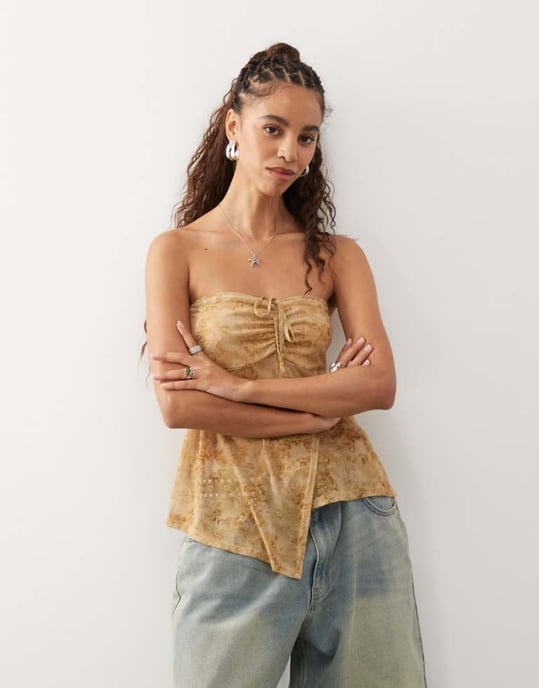 Återvunnen Vintage mesh samlad detalj blommönstrad bandeau topp i mocha brunt - Image 1