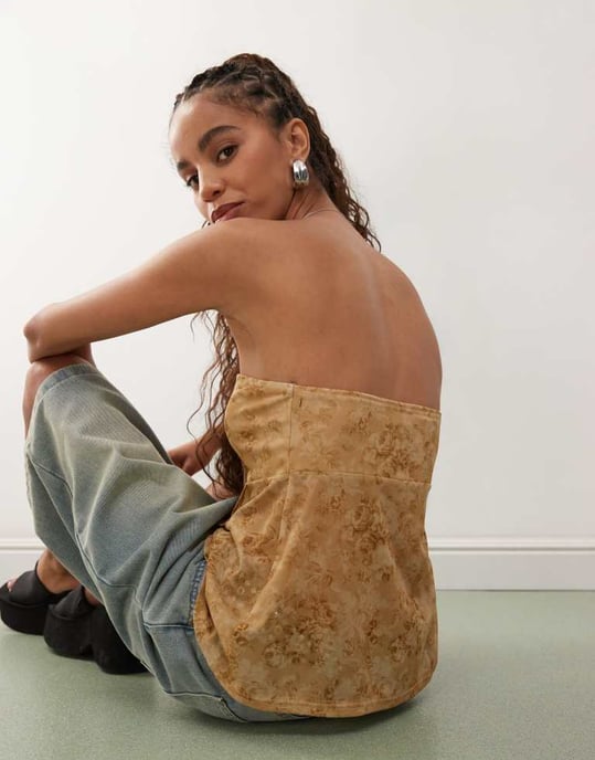 Återvunnen Vintage mesh samlad detalj blommönstrad bandeau topp i mocha brunt - Image 3