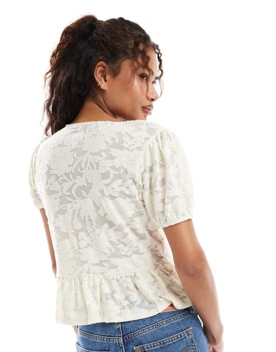 Miss Selfridge spets puff ärm kortärmad knyt-fram topp i ljusbeige - Image 4