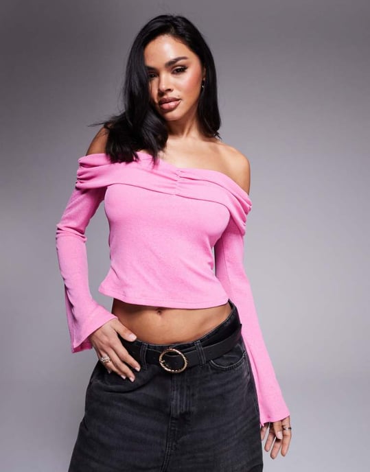 ASOS DESIGN rynkad framsida bardot topp i rosa - Image 1