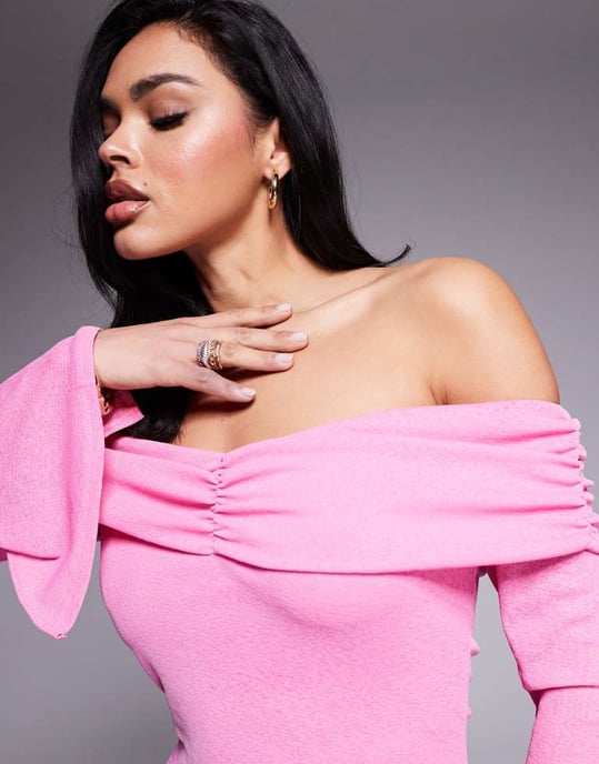 ASOS DESIGN rynkad framsida bardot topp i rosa - Image 2