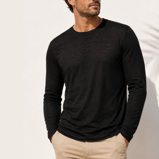 Merino Wool Men's' Long Sleeve T-Shirt in Black with Crew Neck - Image 1
