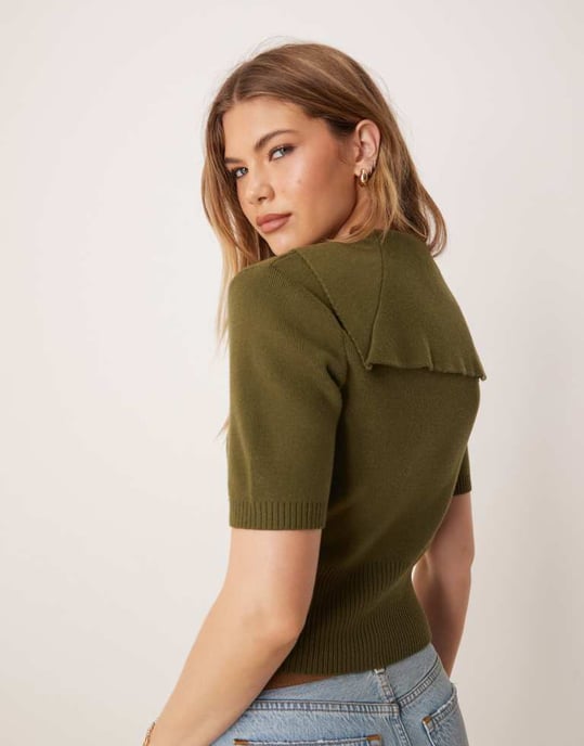 ASOS DESIGN kortärmad seglarkragekofta i khaki - Image 3