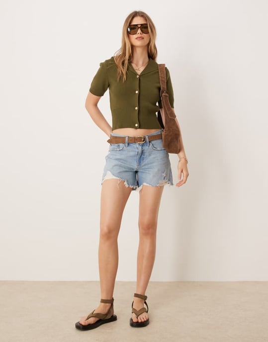 ASOS DESIGN kortärmad seglarkragekofta i khaki - Image 4