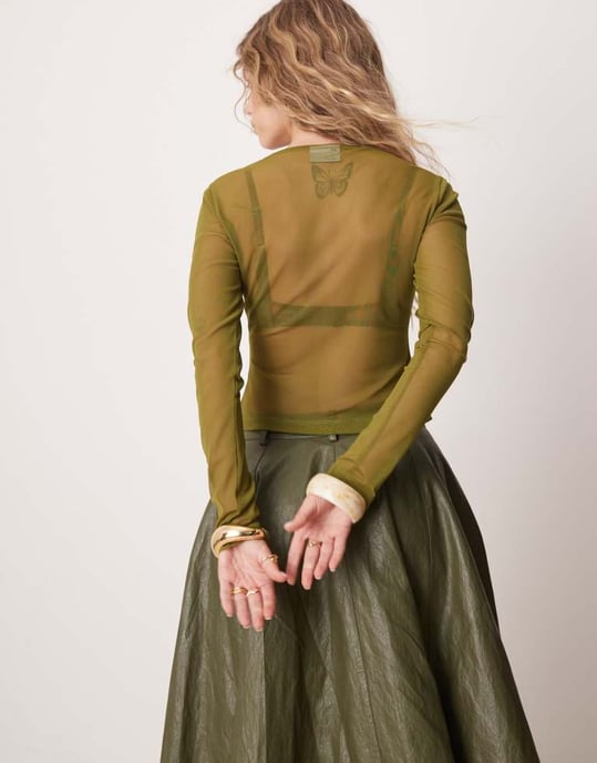 ASOS DESIGN nätpärlknappad cardigan i olivgrön - Image 3