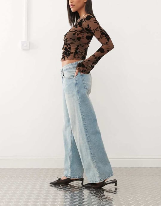 Motel roomy extra wide low rise jeans in washed blue green - Image 3