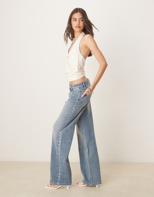 JDY Långa västerländska vida jeans med nitar i ljusblå tvätt - Image 3