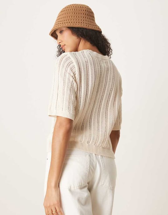 ASOS DESIGN stickad t-shirt med virkad look i ecru - Image 3