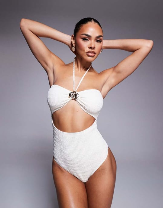 South Beach gold flower detail crinkle swimsuit in cream - Image 3