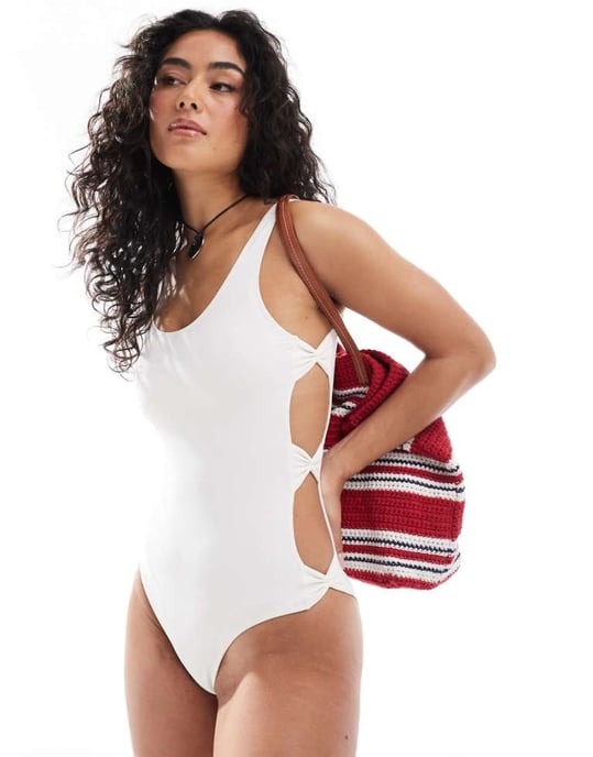 Monki mix and match cut out swimsuit with bow details in white exclusive to ASOS - Image 1