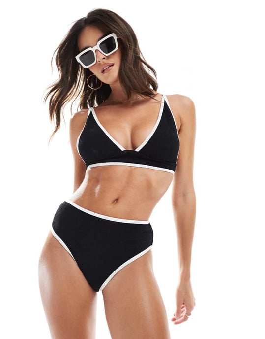 Vero Moda strukturerade bikiniunderdelar med kant i svart - Image 2