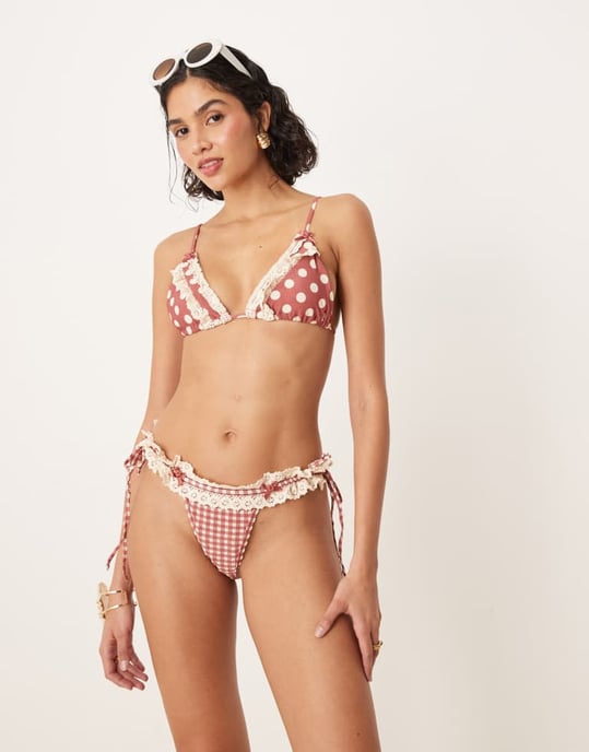 For Love & Lemons rutiga bikiniunderdelar i röd gingham - Image 3