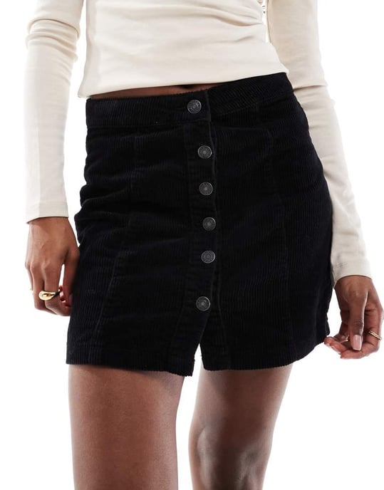 DTT Jordan cord button front mini skirt in black - Image 3