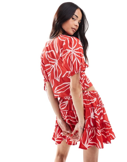 Wednesday's Girl bold bloom print mini skirt co-ord in red - Image 3