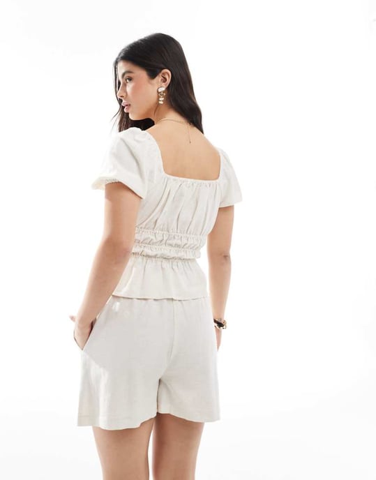 Brave Soul Co-ord elasticated waist shorts with linen in off white - Image 3