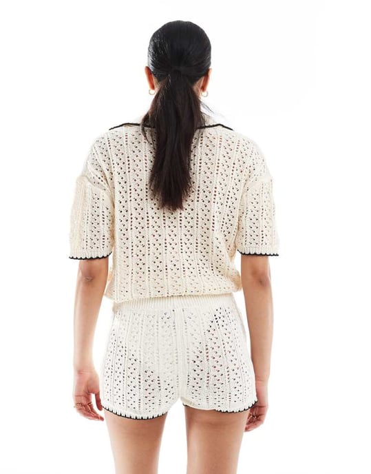 ASOS DESIGN stickad kort set med kontrasterande plädstygn i elfenben - Image 2