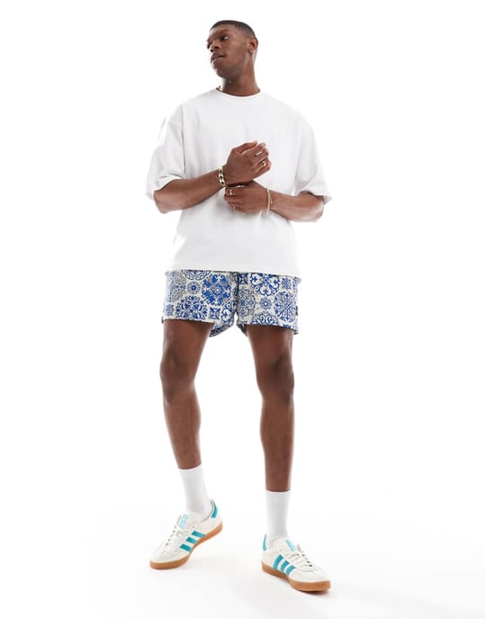 Jack & Jones badshorts i vitblått kakelmönster - Image 2