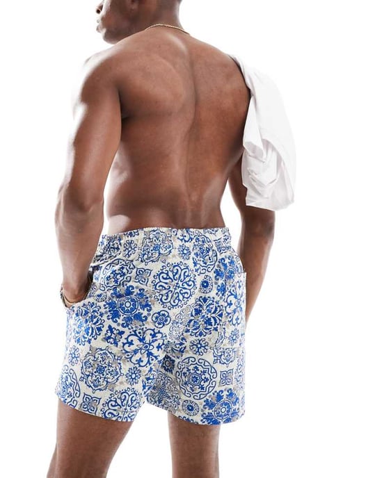 Jack & Jones badshorts i vitblått kakelmönster - Image 3