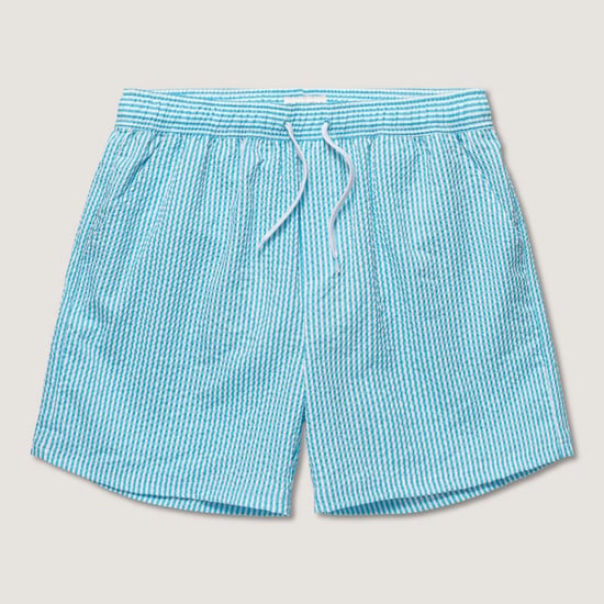 Seersucker swimshorts in blue and white fine stripe and front tie - Image 2